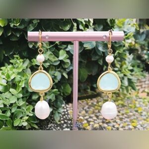 COPY - Gold Faux Pearl Green Chalcedony Earrings